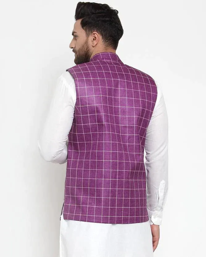 Men Purple Checked Nehru Jacket