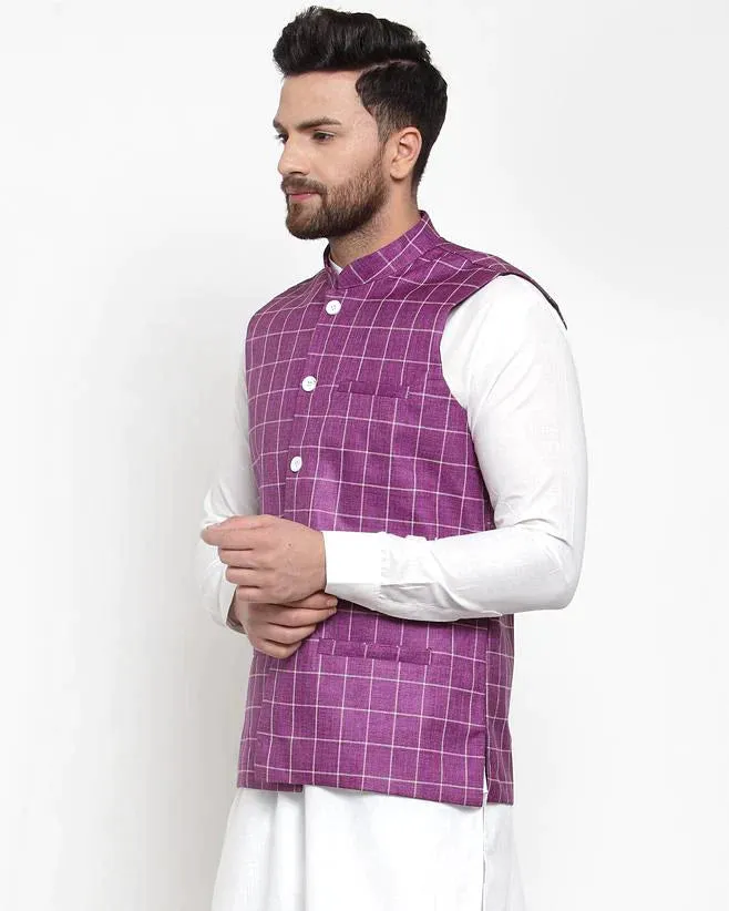 Men Purple Checked Nehru Jacket