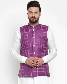 Men Purple Checked Nehru Jacket