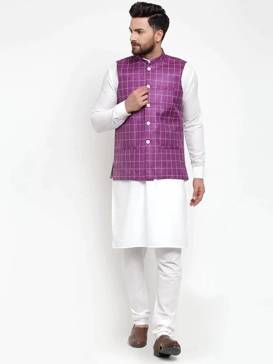 Men Purple Checked Nehru Jacket