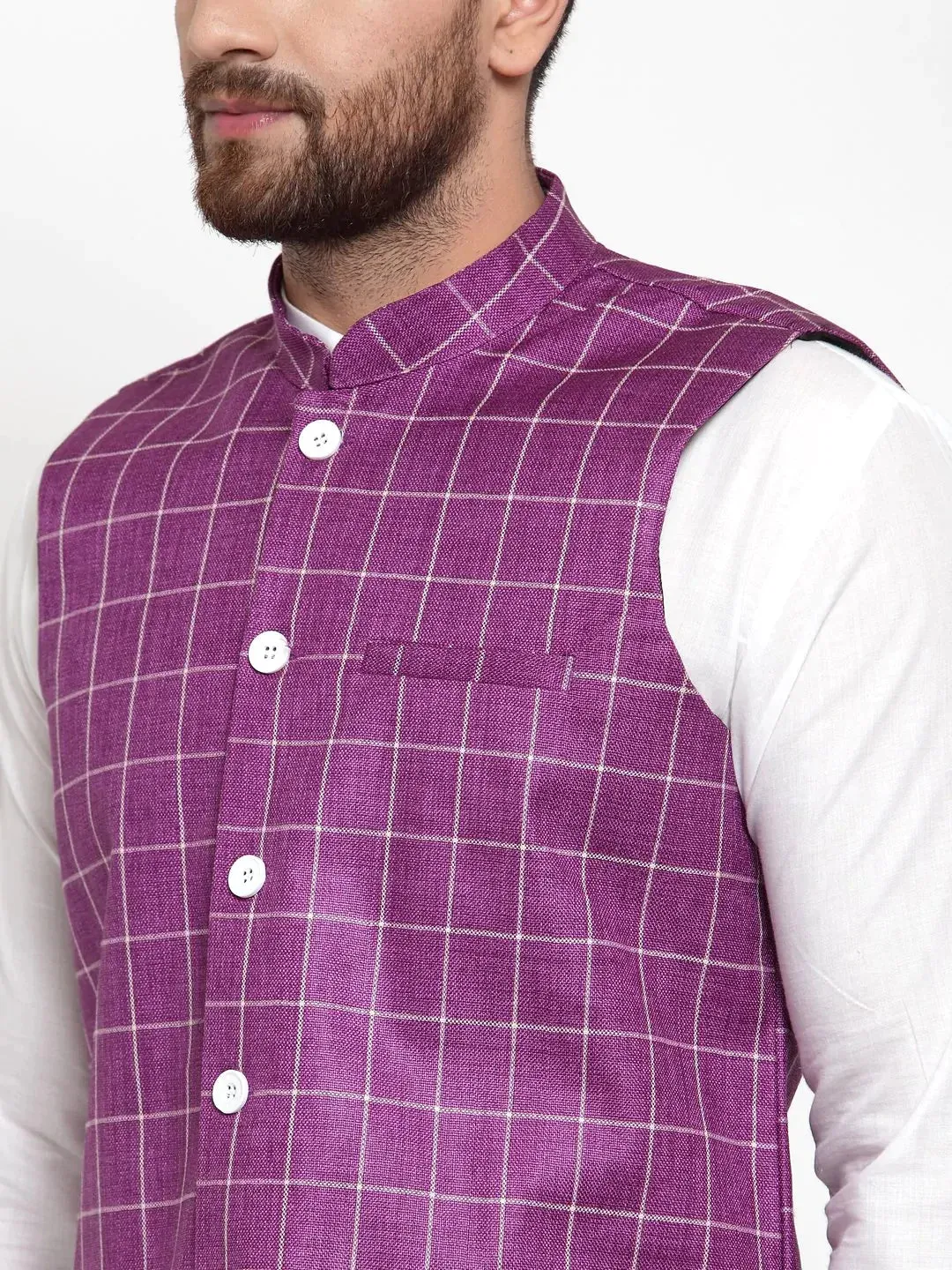 Men Purple Checked Nehru Jacket