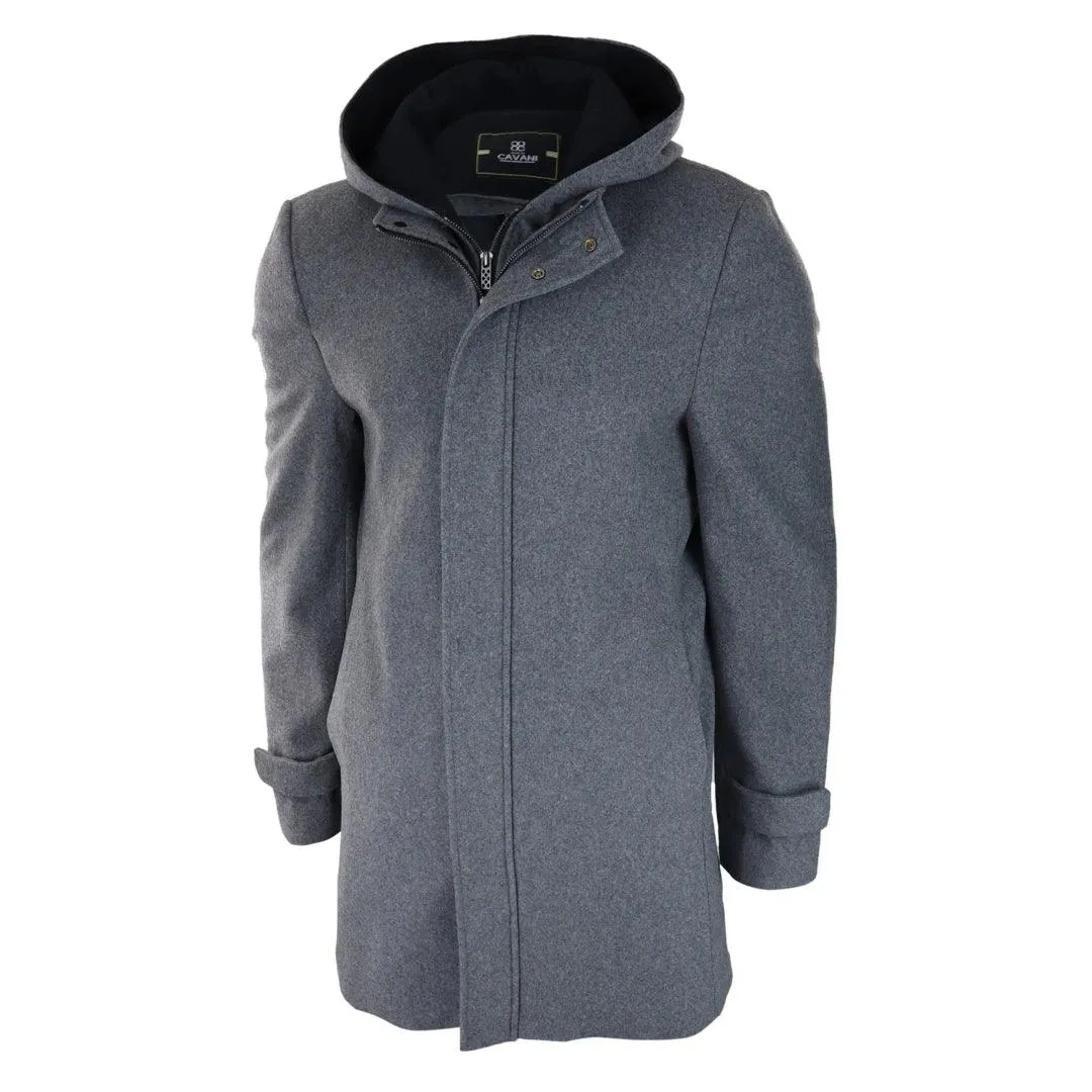 Mens 3/4 Long Overcoat Jacket Coat Removable Hood Smart Casual Winter Warm Wool