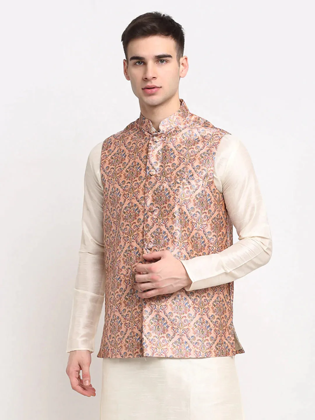 Men'S Peach Digital Printed Peach Waistcoat