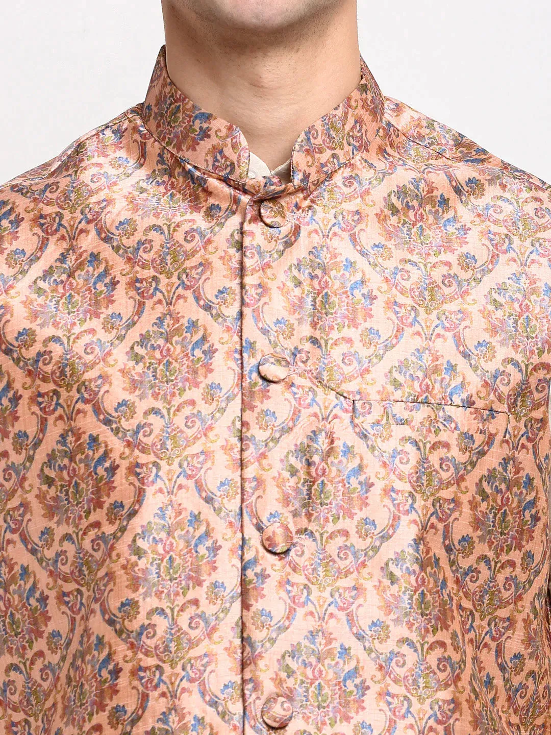 Men'S Peach Digital Printed Peach Waistcoat