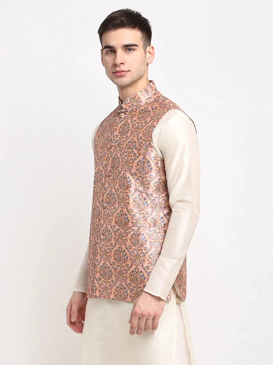 Men'S Peach Digital Printed Peach Waistcoat