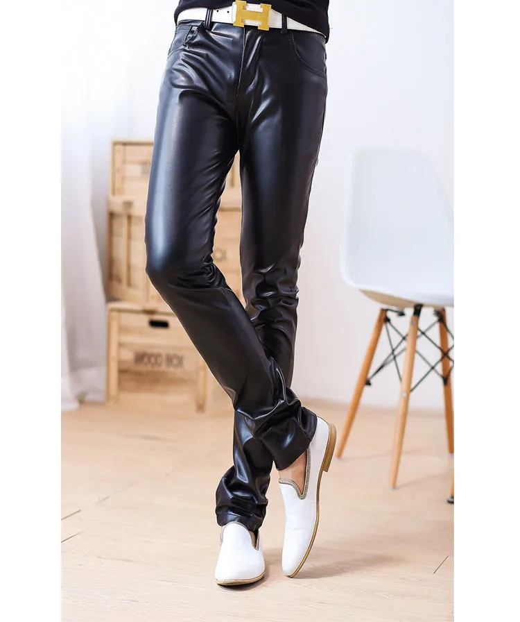 Men's PU Leather Black Slim Fit Pants