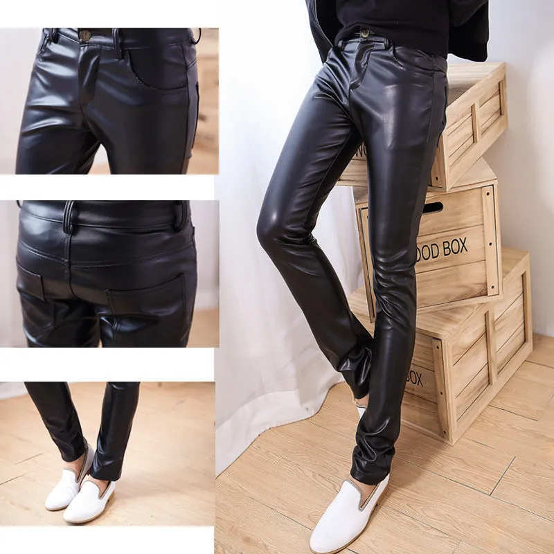 Men's PU Leather Black Slim Fit Pants