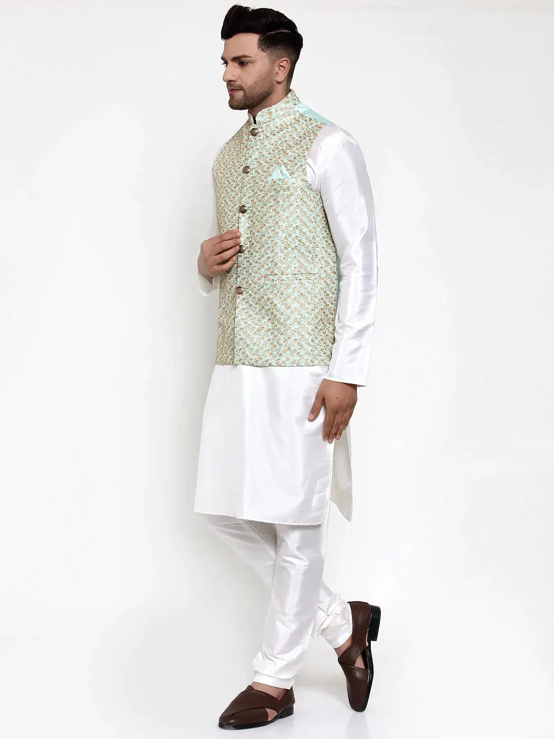 Men'S Solid Dupion Kurta Pajama With Embroidered Nehru Jacket