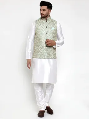 Men'S Solid Dupion Kurta Pajama With Embroidered Nehru Jacket