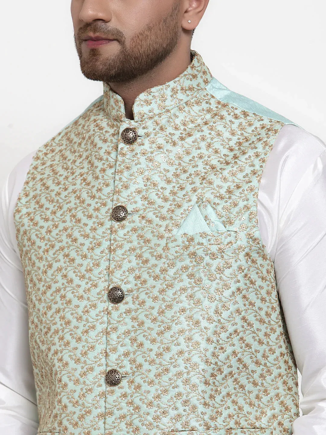 Men'S Solid Dupion Kurta Pajama With Embroidered Nehru Jacket