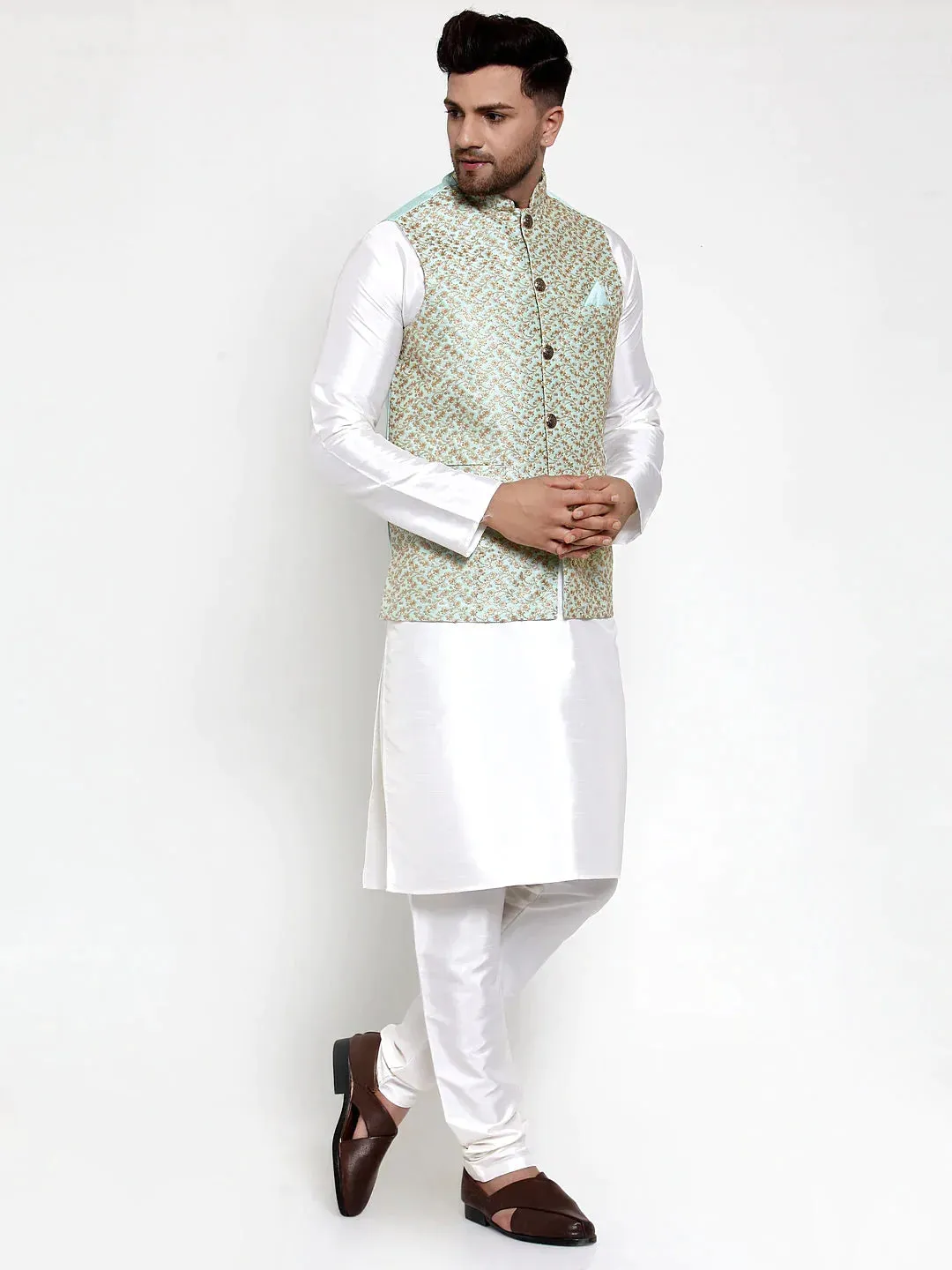 Men'S Solid Dupion Kurta Pajama With Embroidered Nehru Jacket