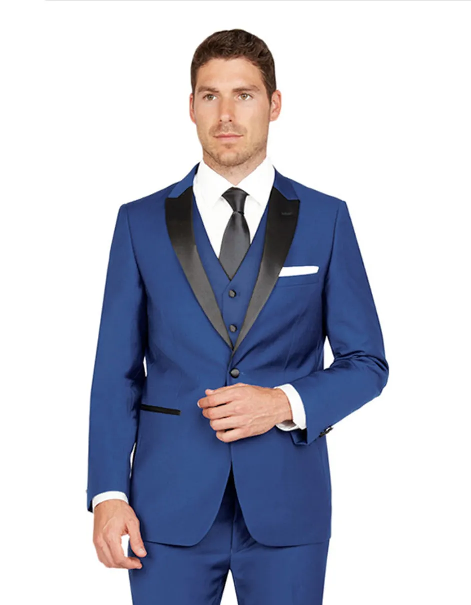 Mens Vested One Button Peak Lapel Tuxedo in Midnight Blue