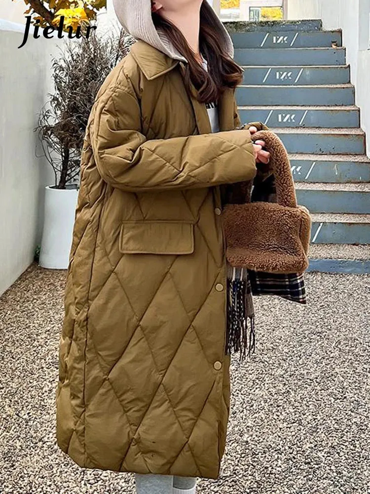 Metaversmall Diamond Plaid Cotton Padded Jacket for Women White Parkas New Detachable Knitted Hat Knee Length Coffee Pink Coat S-L