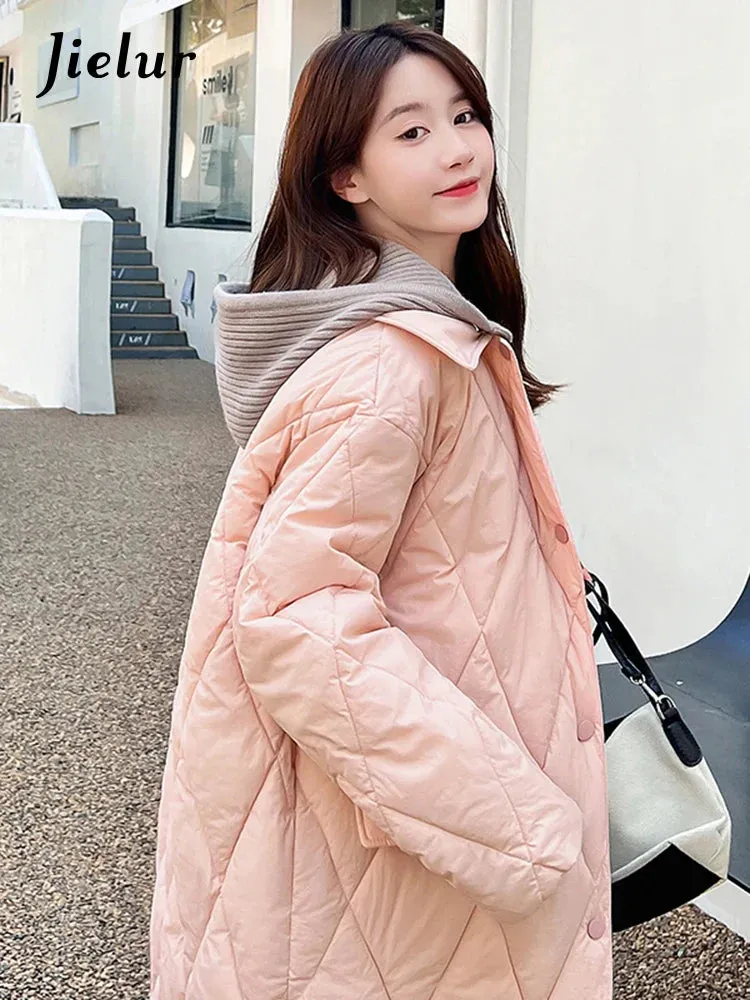 Metaversmall Diamond Plaid Cotton Padded Jacket for Women White Parkas New Detachable Knitted Hat Knee Length Coffee Pink Coat S-L