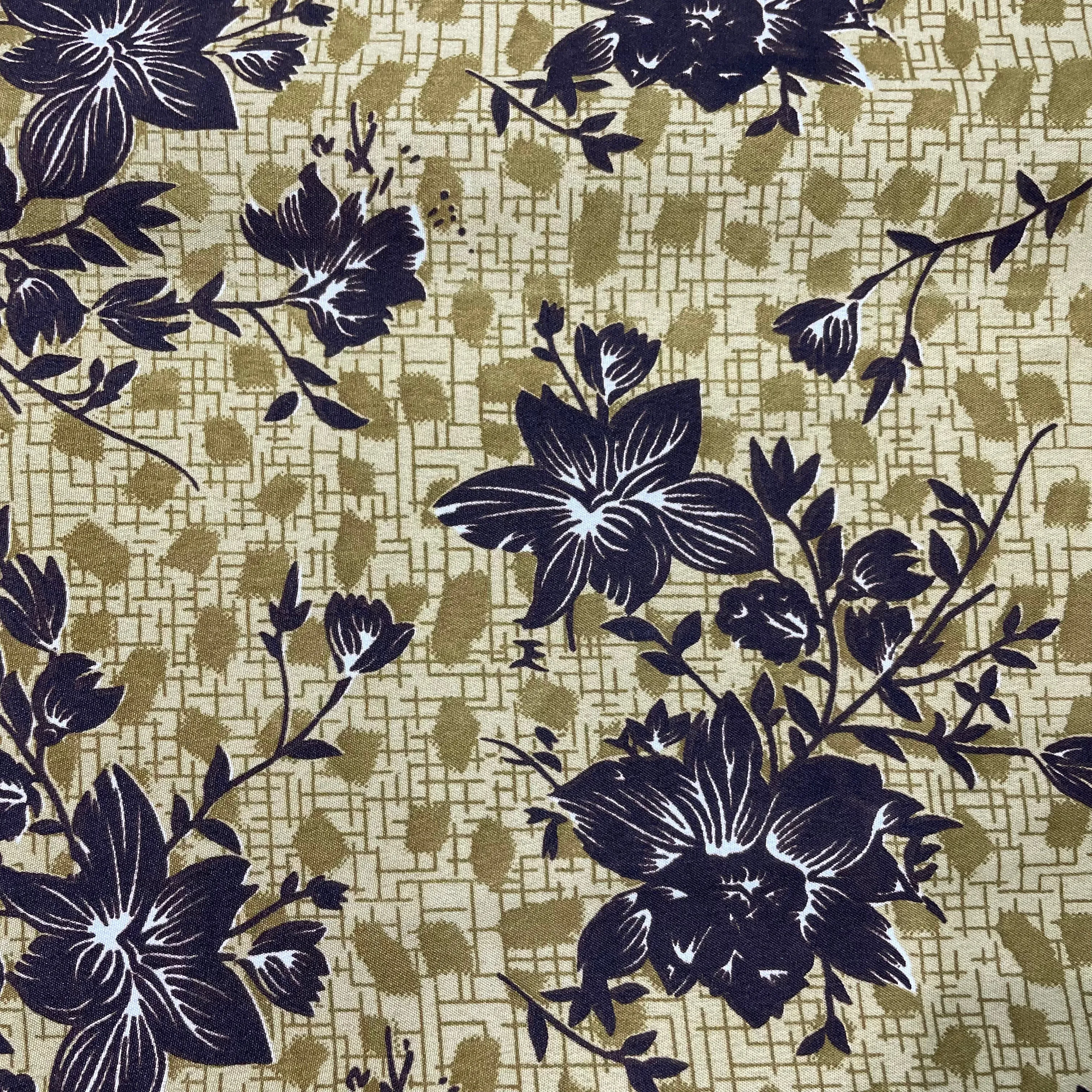 Mustard With Brown Floral Crepe Fabric