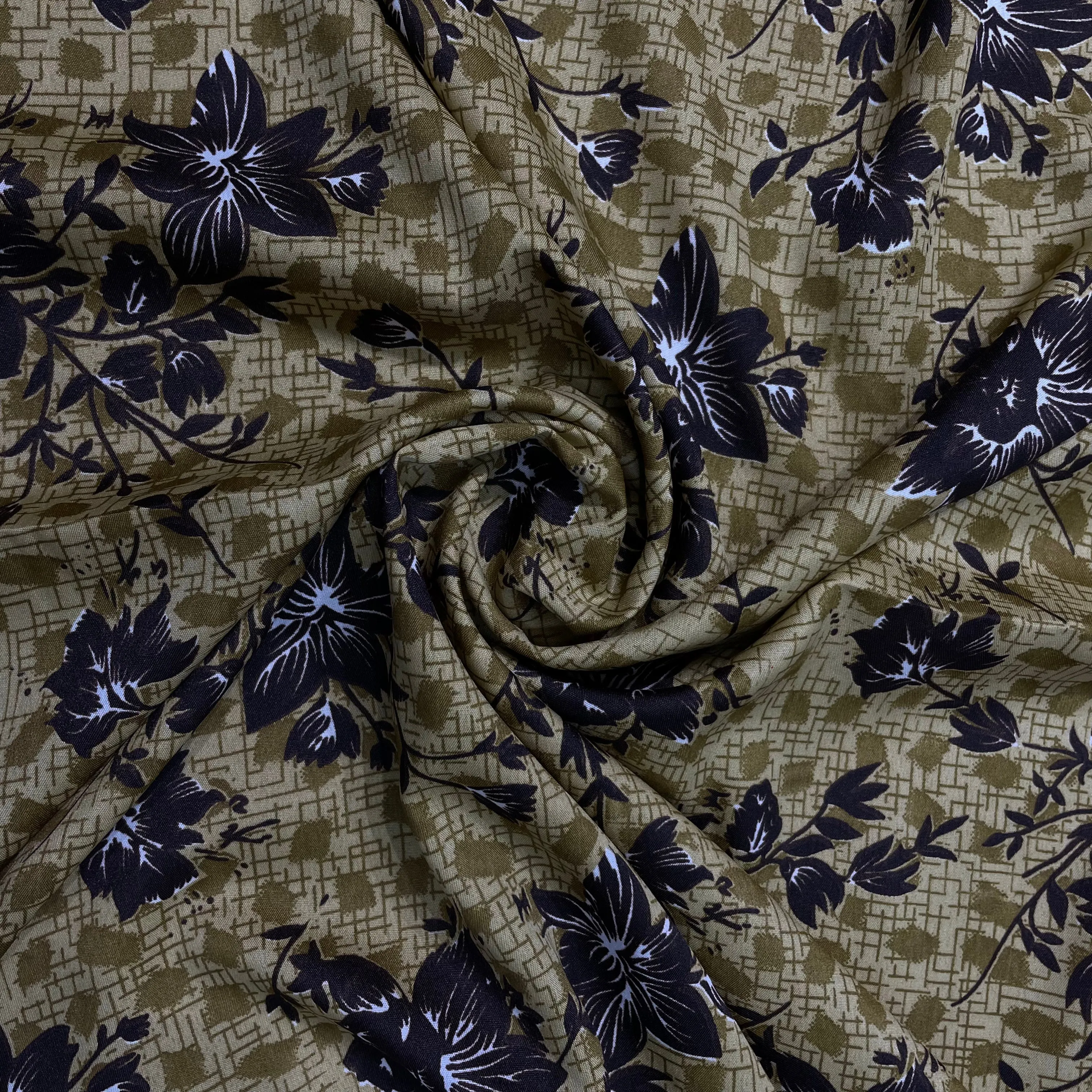 Mustard With Brown Floral Crepe Fabric