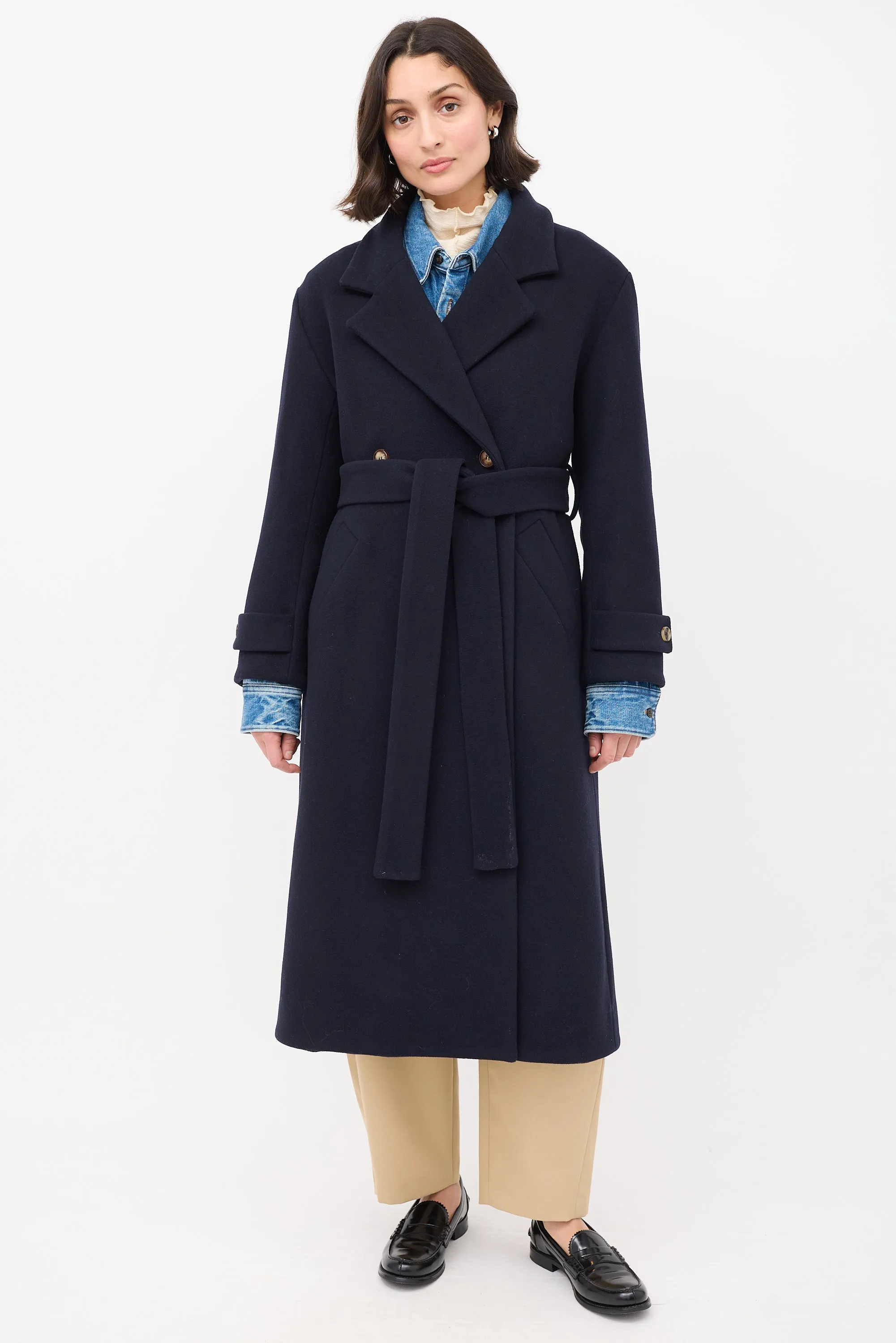 Navy Wool Claudia Belted Long Coat