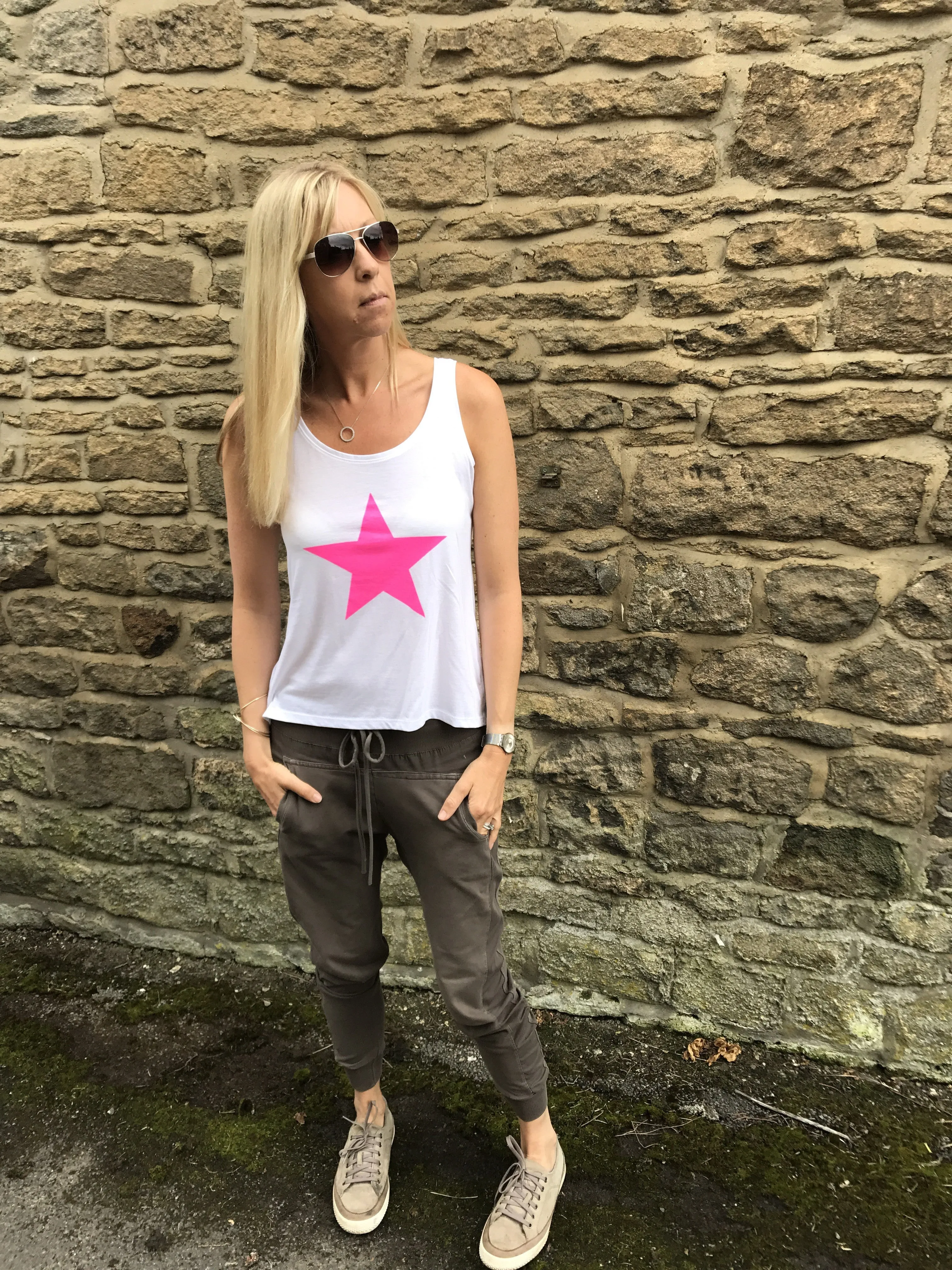 Neon pink star white vest *just 1 medium left*