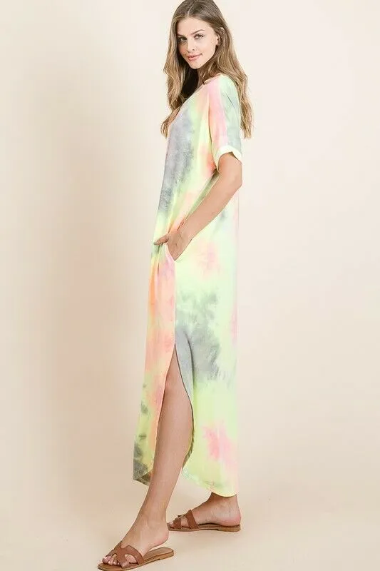 Neon Tie Dye Colorful V-Neck Maxi Long Casual Womens Short Sleeve Dress