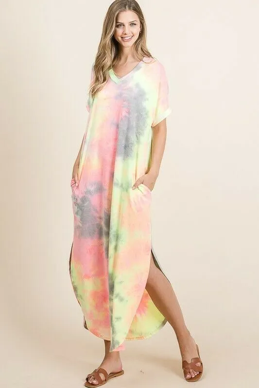 Neon Tie Dye Colorful V-Neck Maxi Long Casual Womens Short Sleeve Dress