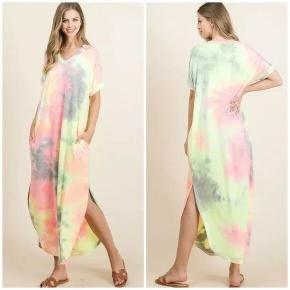 Neon Tie Dye Colorful V-Neck Maxi Long Casual Womens Short Sleeve Dress