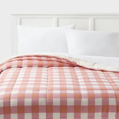 New - Room Essentials Faux Shearling Comforter Plush, Pink/Rust Plaid, Twin/TwinXL