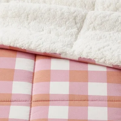 New - Room Essentials Faux Shearling Comforter Sherpa, Pink/Rust Plaid, Full/Queen