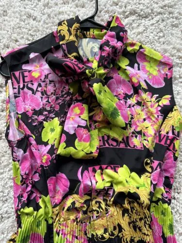 New Versace Logo Orchid Print Midi Shirt Dress For Ladies