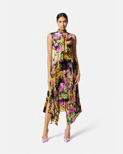 New Versace Logo Orchid Print Midi Shirt Dress For Ladies