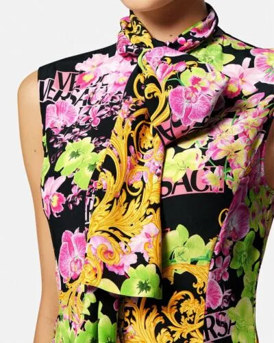 New Versace Logo Orchid Print Midi Shirt Dress For Ladies