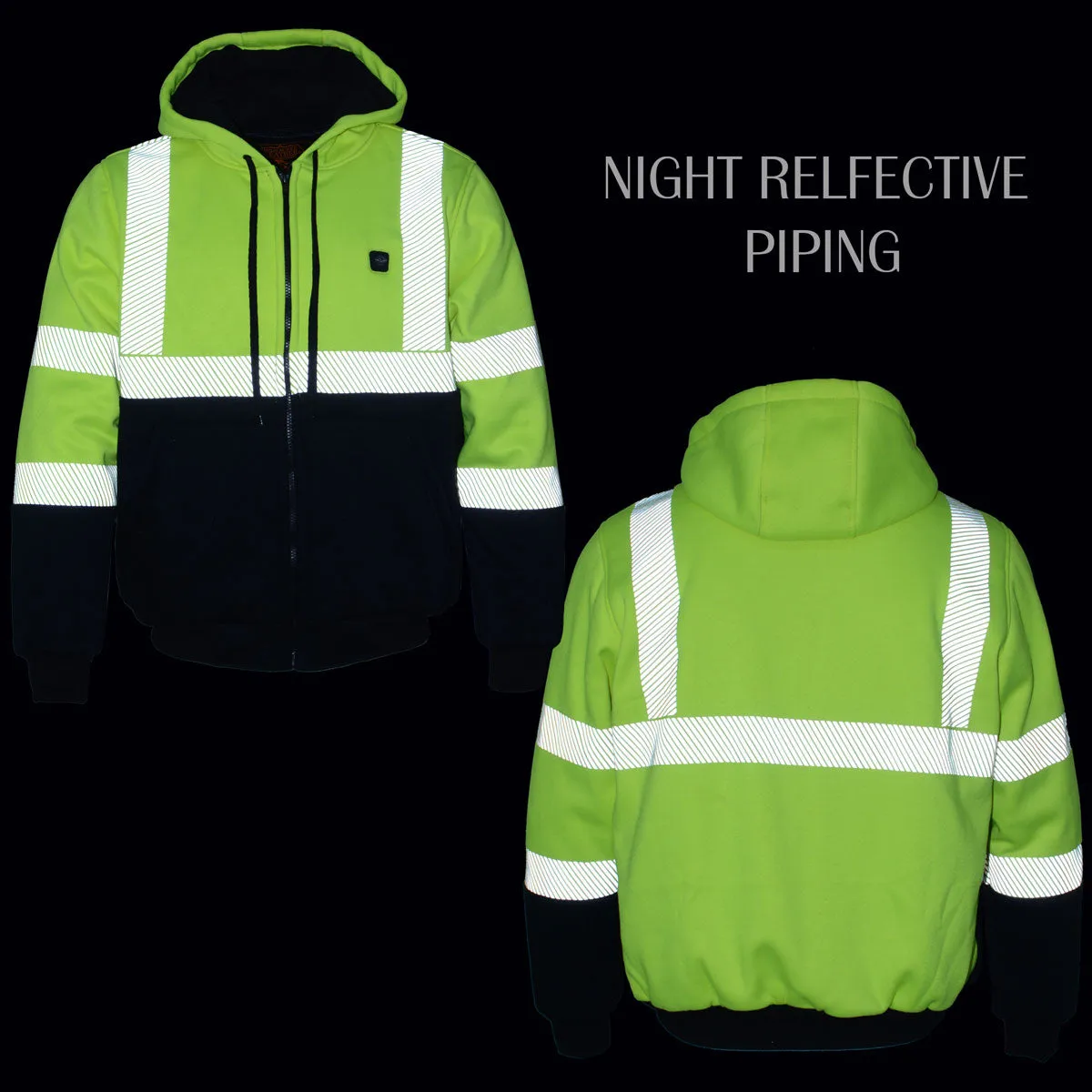 Nexgen Heat MPM1773SET Men's Heated High Visibility Work Hoodie, Neon Green Hi Vis Reflective Hoodie w/ Battery