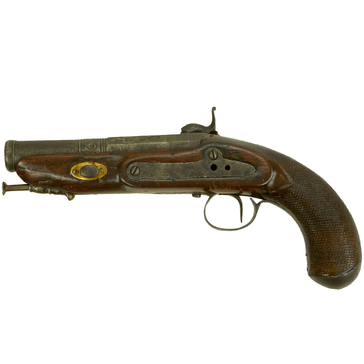 Original Spanish Miquelet Percussion Overcoat Pistol with Silver Inlaid Barrel & Spanish Touchmarks - c. 1830