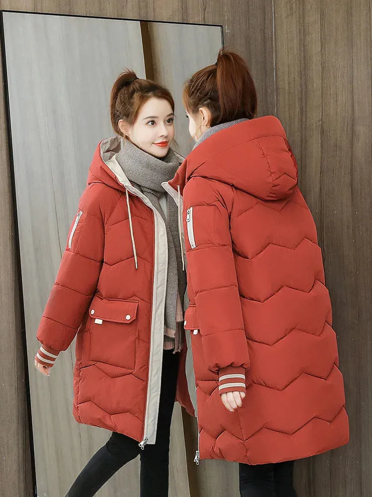 Parkas Cotton Jacket Trendy Women Coats Korean Version Loose Fit Thick Topcoat Autumn Winter Hooded Knee Overcoat Outdoor 2024