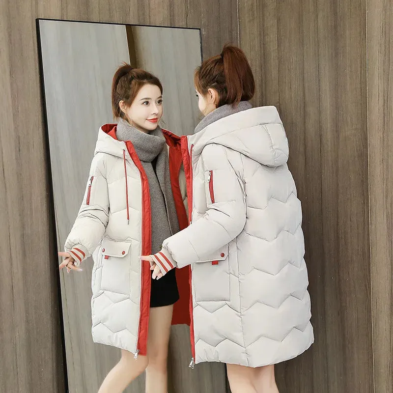 Parkas Cotton Jacket Trendy Women Coats Korean Version Loose Fit Thick Topcoat Autumn Winter Hooded Knee Overcoat Outdoor 2024