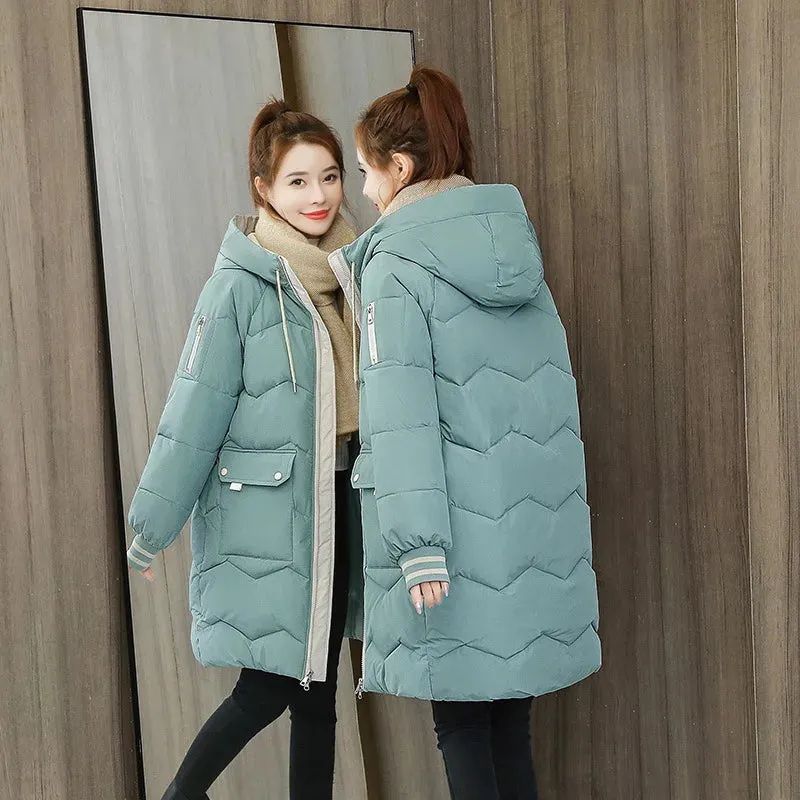 Parkas Cotton Jacket Trendy Women Coats Korean Version Loose Fit Thick Topcoat Autumn Winter Hooded Knee Overcoat Outdoor 2024