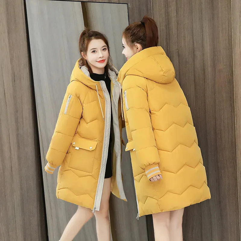 Parkas Cotton Jacket Trendy Women Coats Korean Version Loose Fit Thick Topcoat Autumn Winter Hooded Knee Overcoat Outdoor 2024