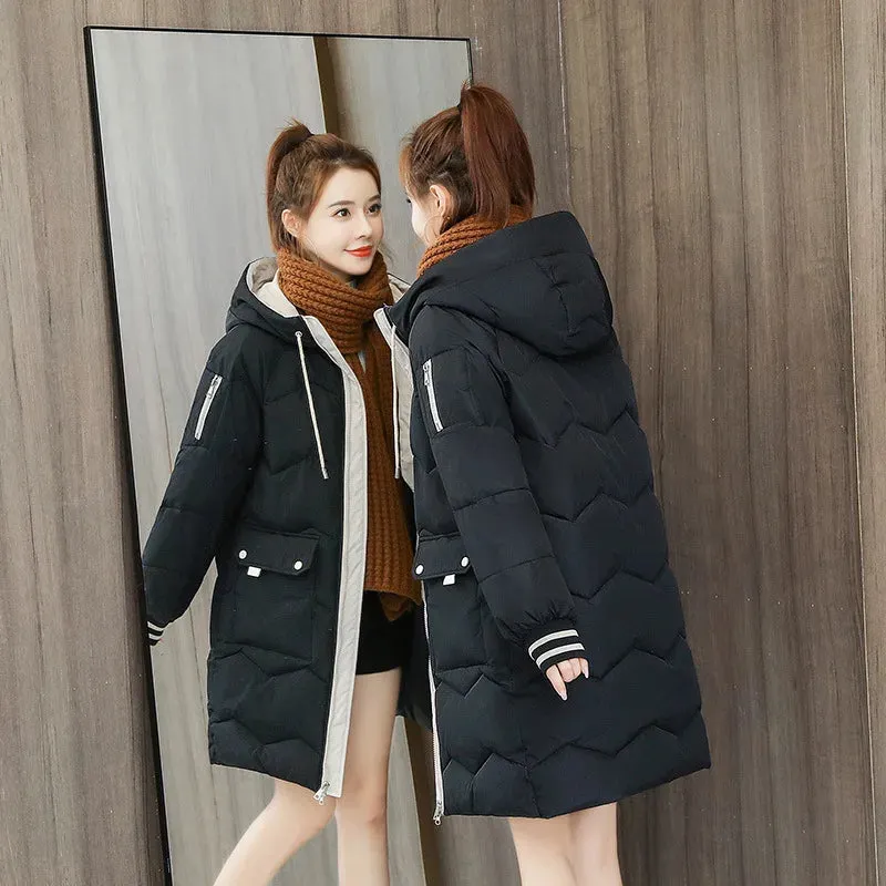 Parkas Cotton Jacket Trendy Women Coats Korean Version Loose Fit Thick Topcoat Autumn Winter Hooded Knee Overcoat Outdoor 2024