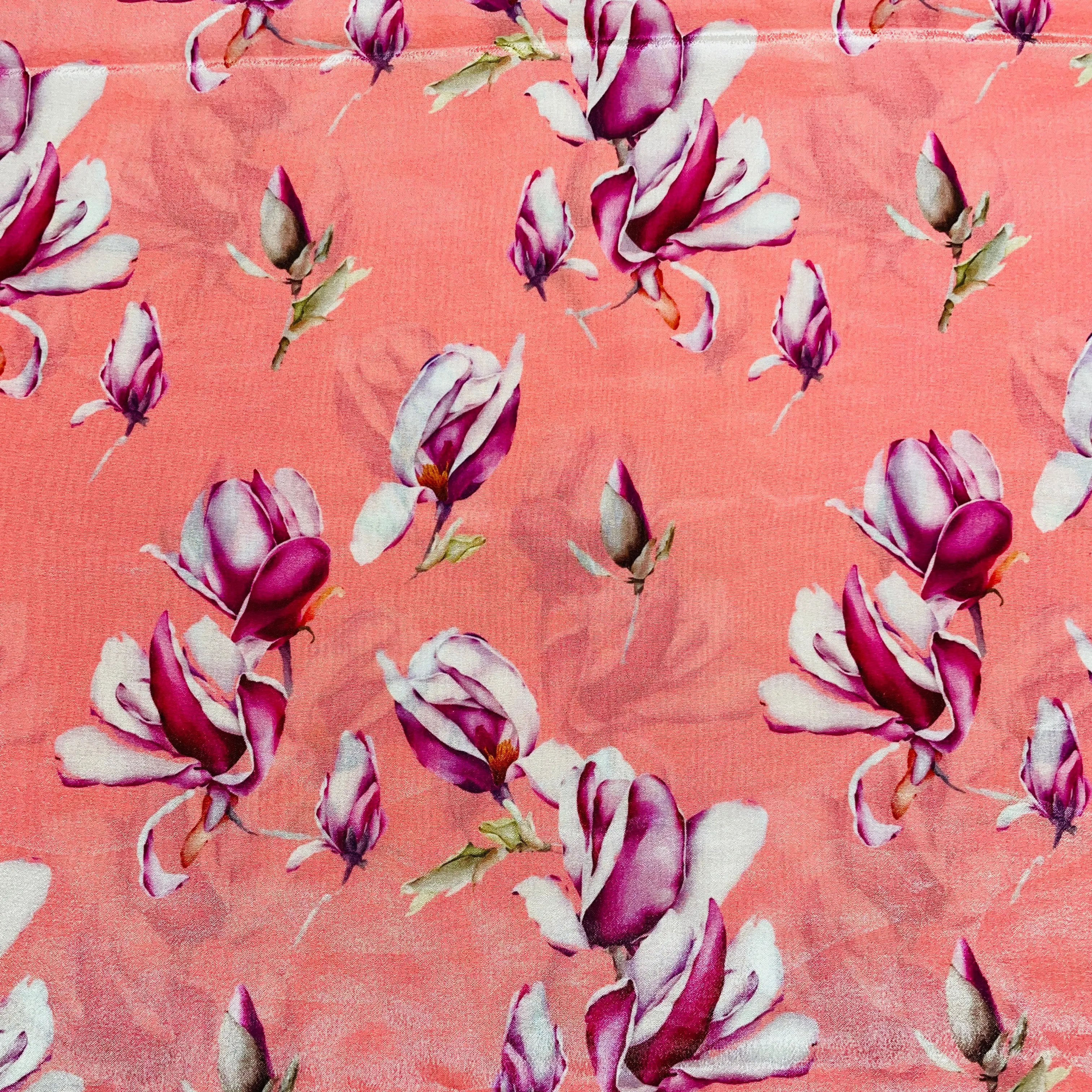 Peach Pink & Pink Floral Crepe fabric