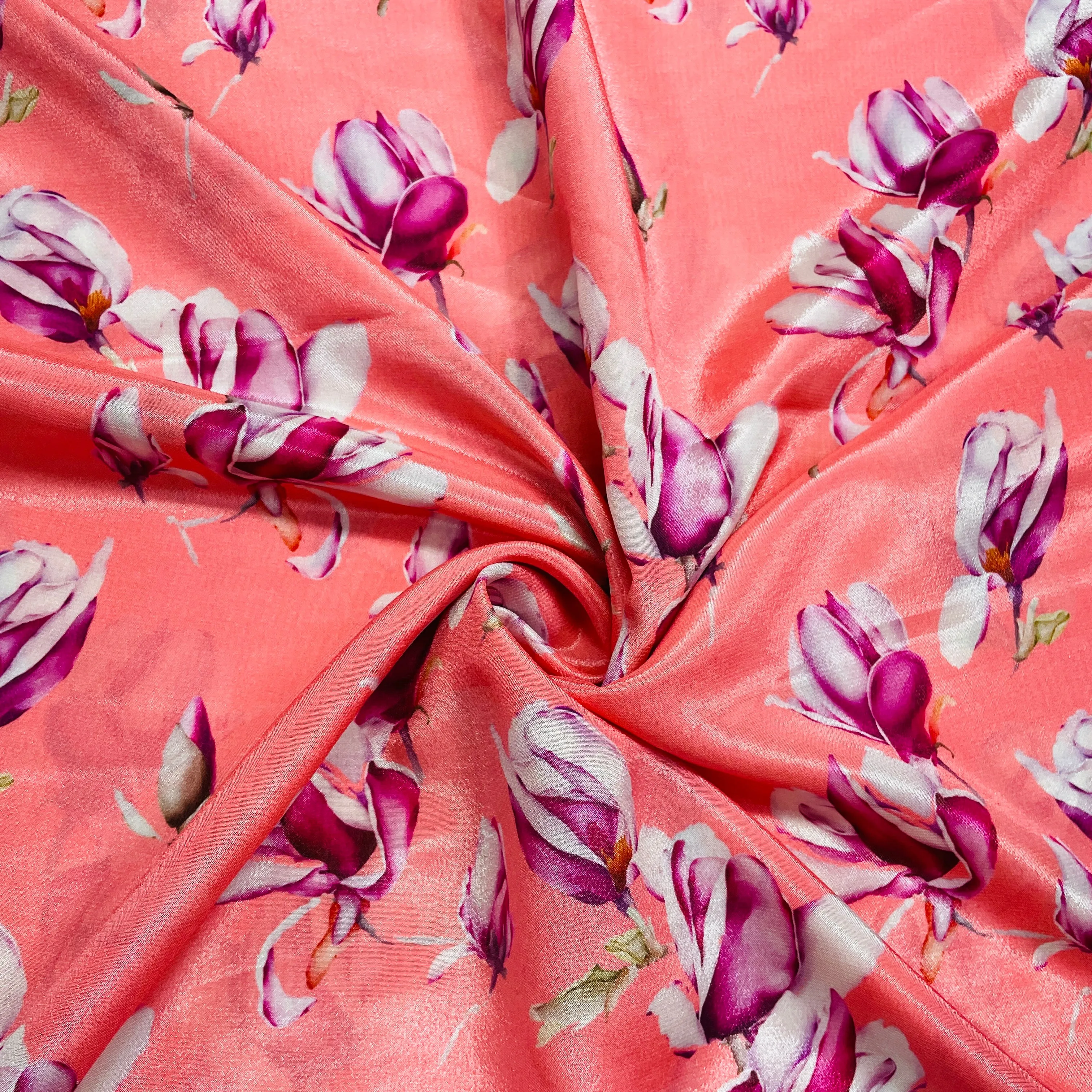 Peach Pink & Pink Floral Crepe fabric