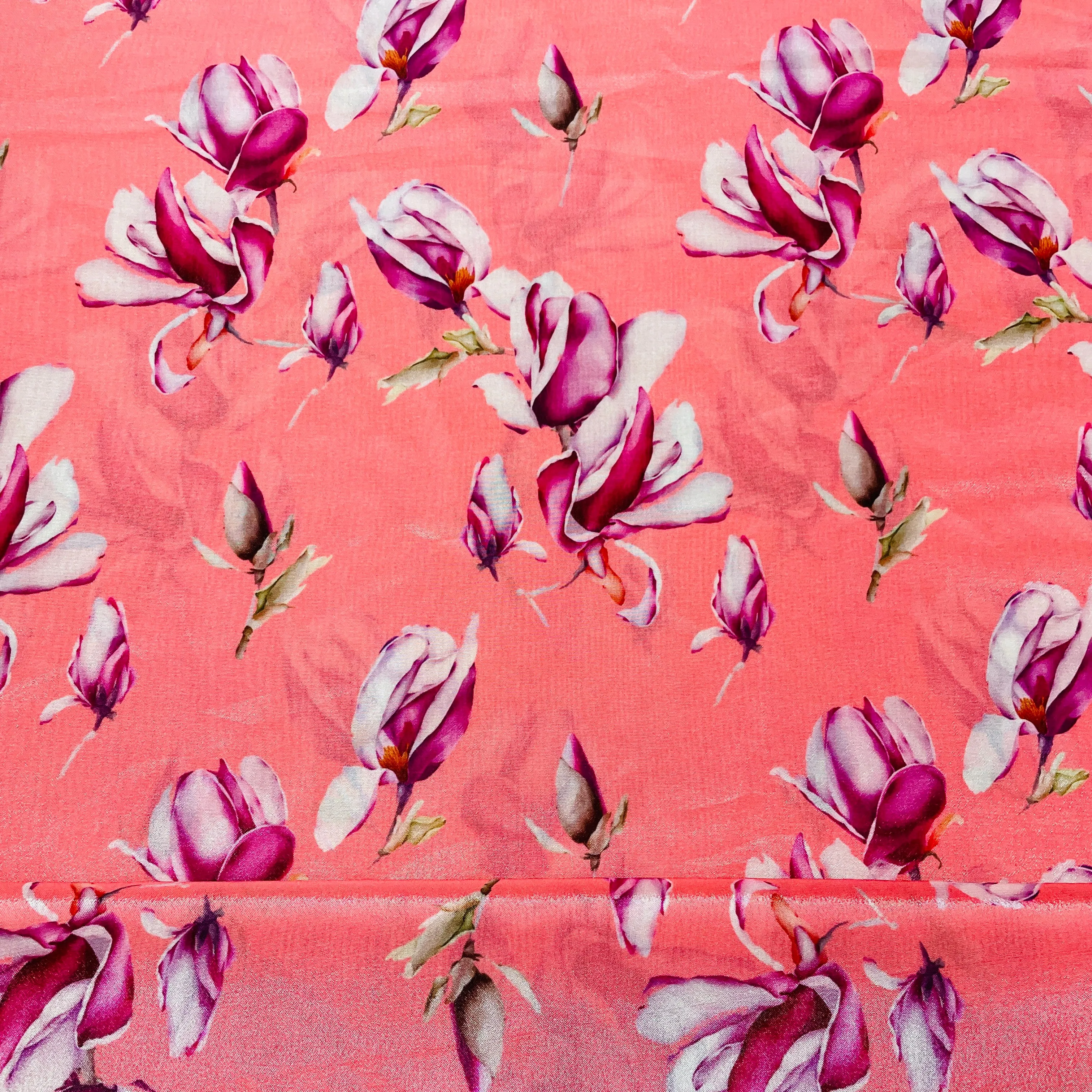 Peach Pink & Pink Floral Crepe fabric