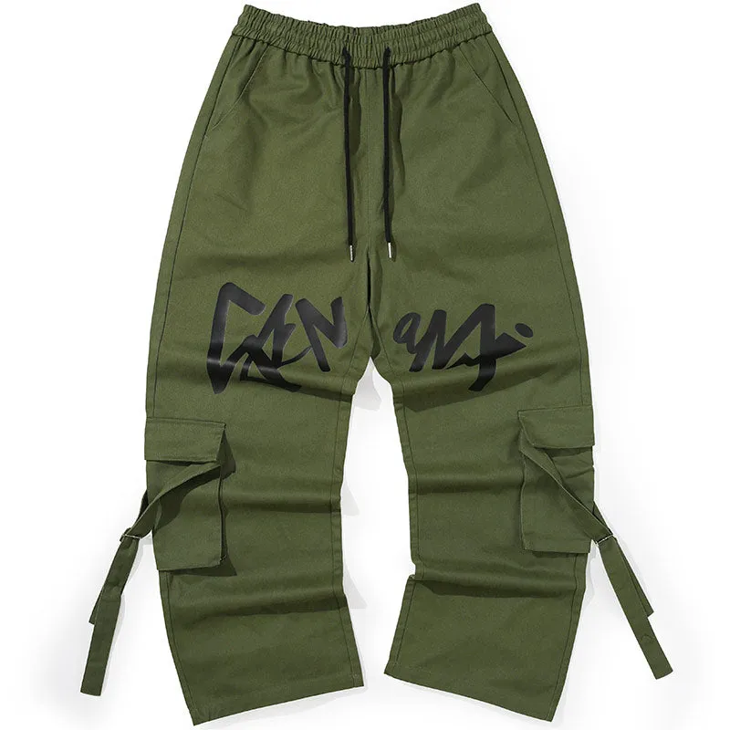 Plain Ribbon Logo Print Cargo Pants