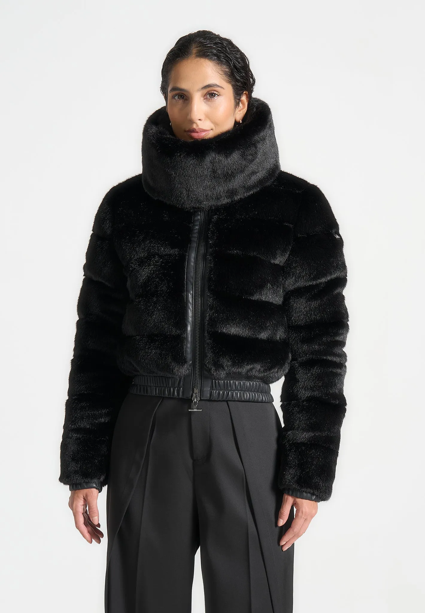 Plush Ribbed Jacket with Scarf - Black