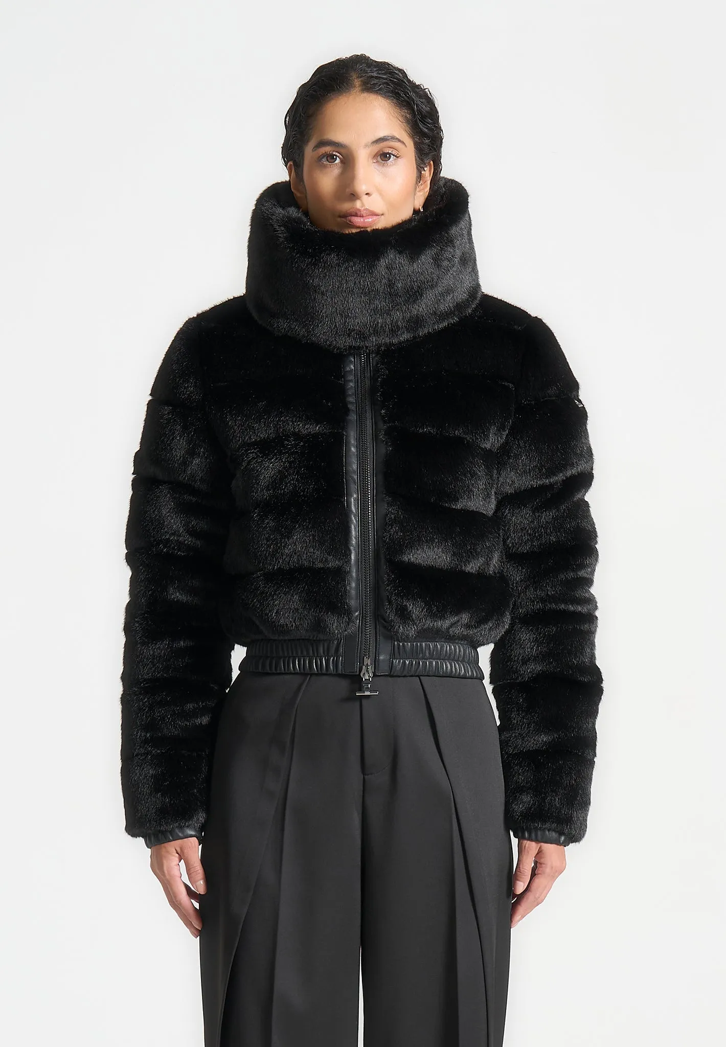 Plush Ribbed Jacket with Scarf - Black