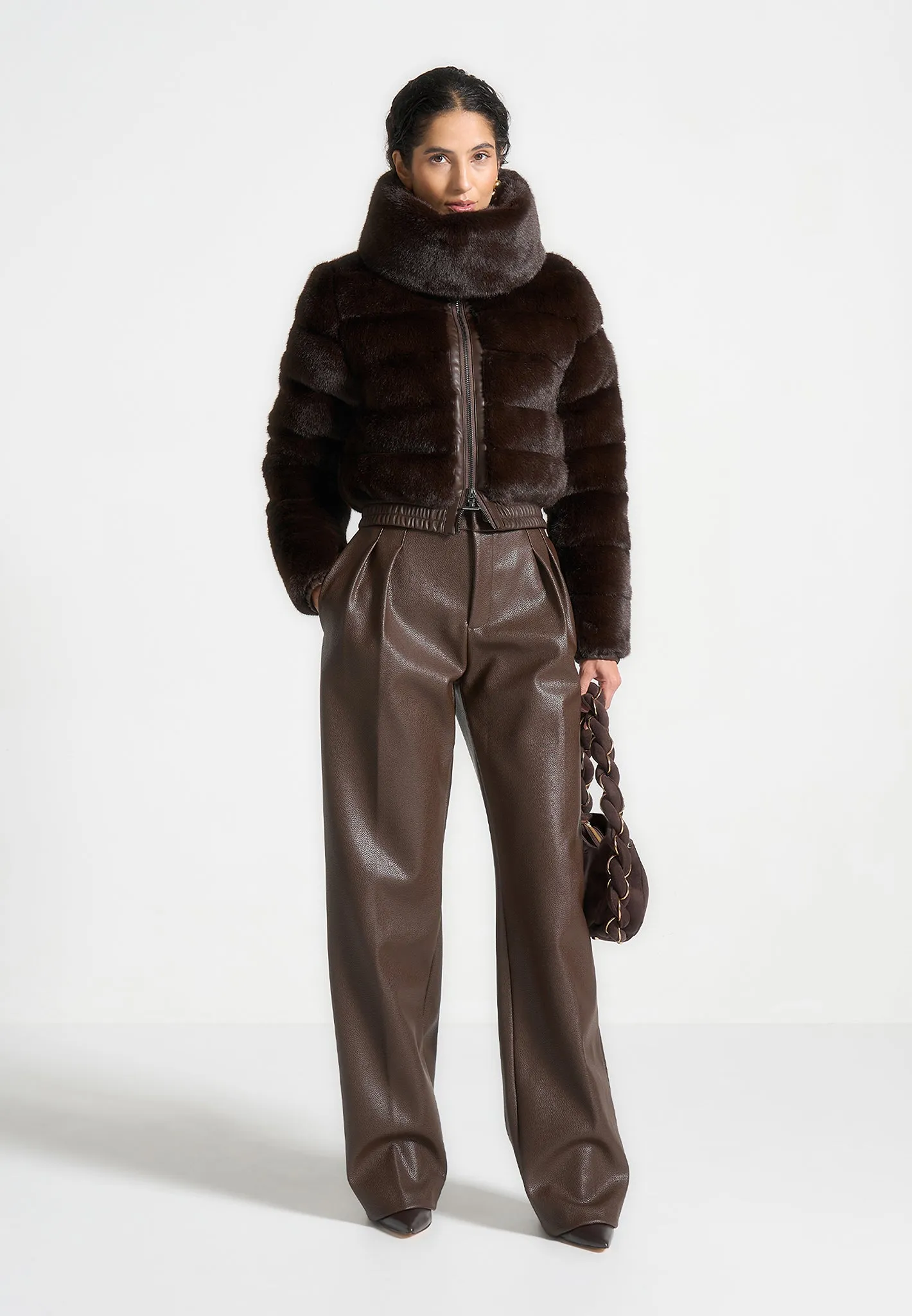 Plush Ribbed Jacket with Scarf - Brown