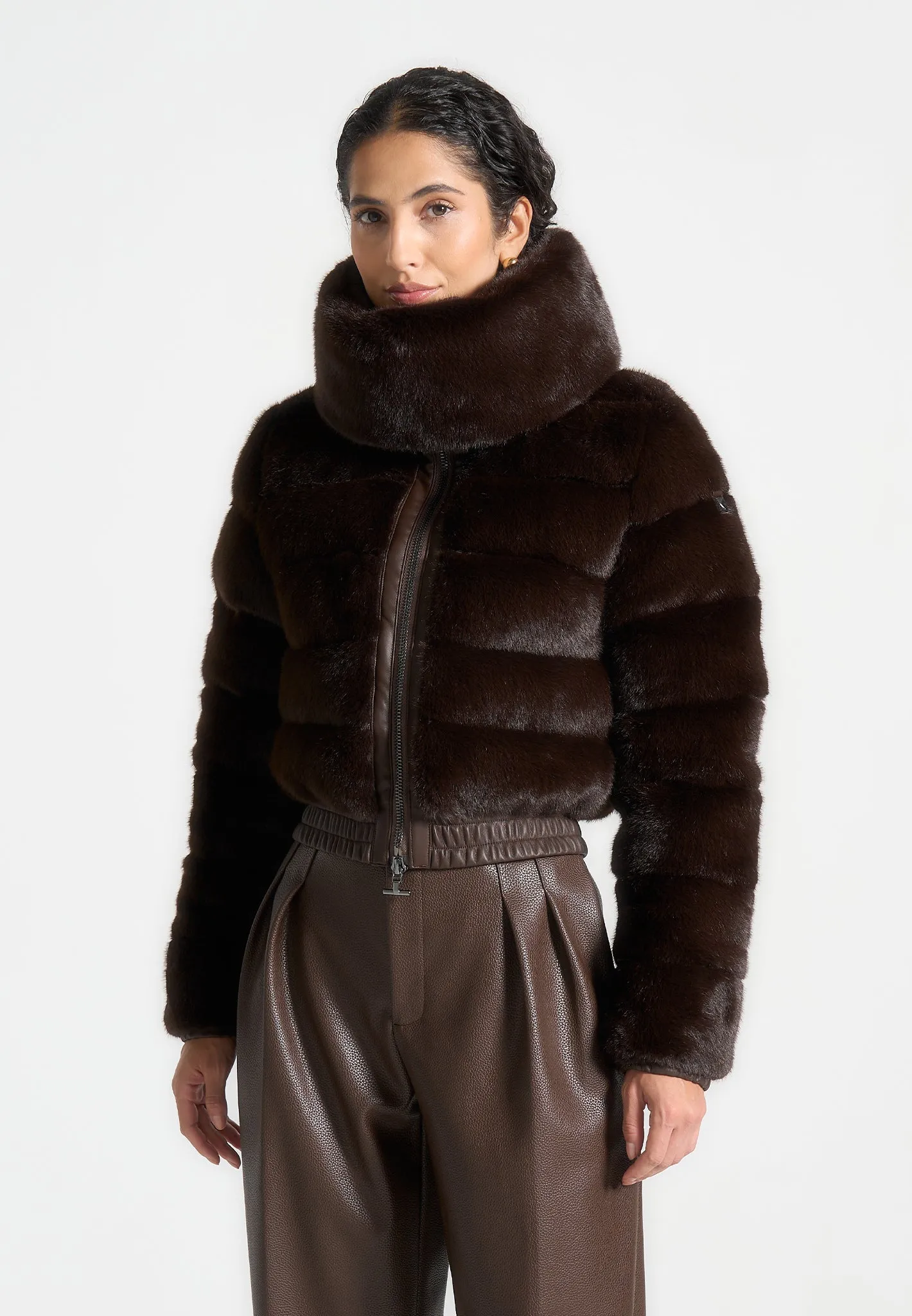 Plush Ribbed Jacket with Scarf - Brown