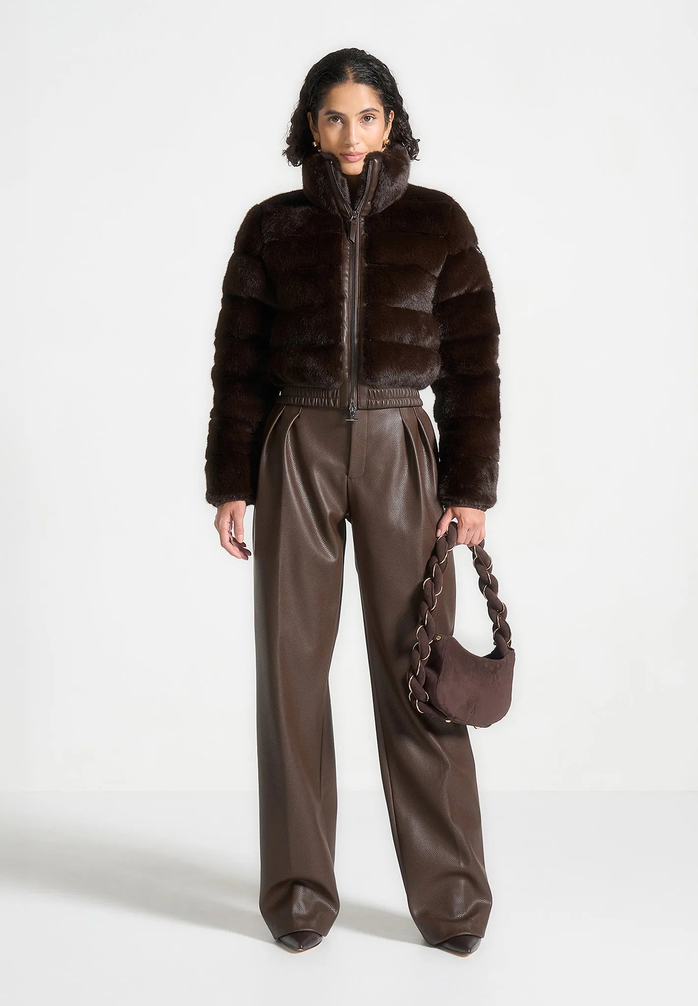 Plush Ribbed Jacket with Scarf - Brown