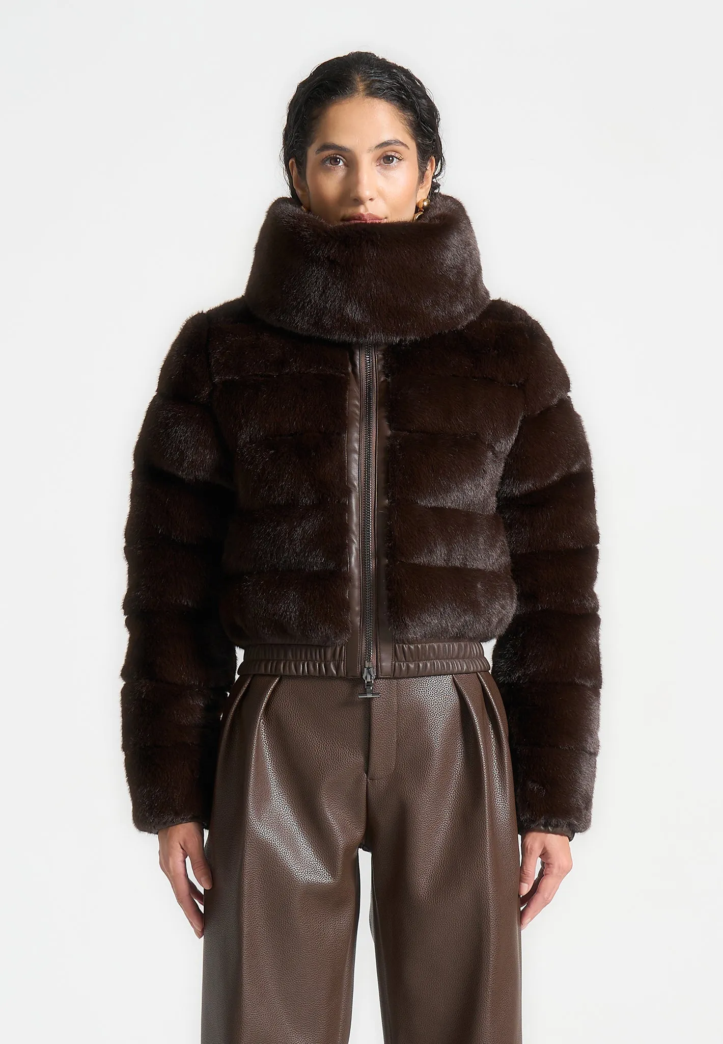 Plush Ribbed Jacket with Scarf - Brown