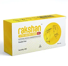 Rakshan ELS Gloves Extra Long, Strong 300mm/9.5g Natural Latex, All-Purpose, Powder-Free - Pack of 50 pieces (Large)