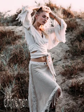 Raw Cotton Boho Wrap Skirt with Fringes / Beige