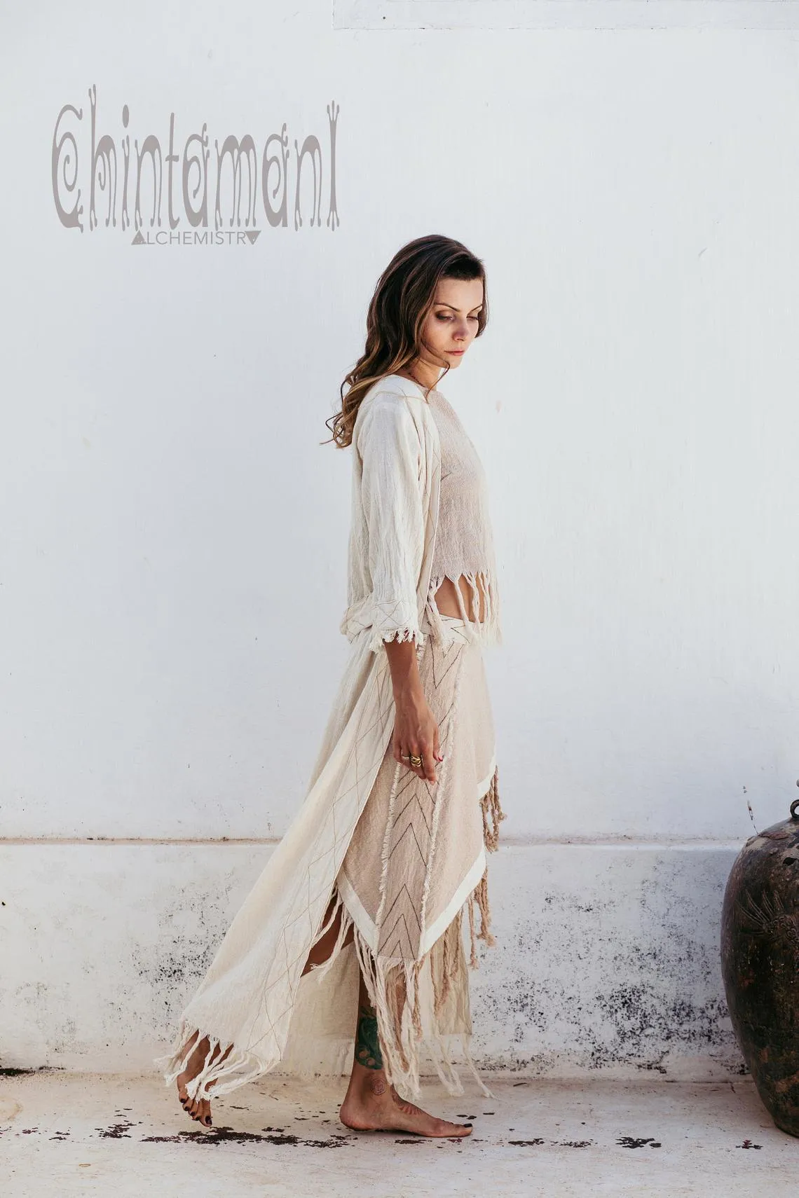 Raw Cotton Boho Wrap Skirt with Fringes / Beige